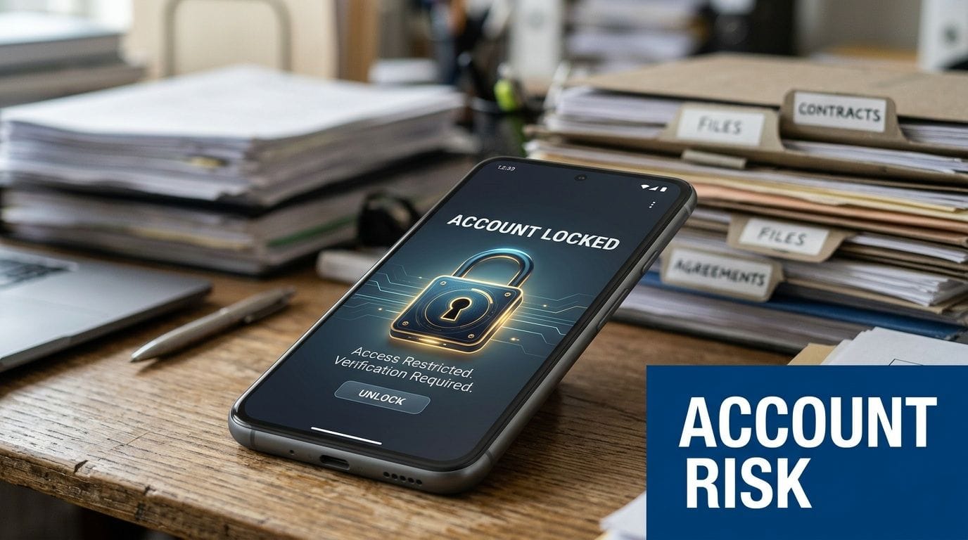 A smartphone on a desk showing an account locked notification screen with a security padlock icon.