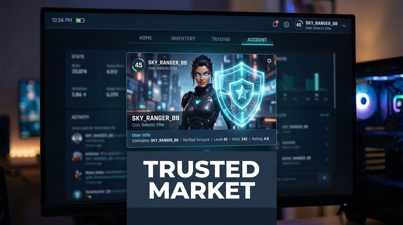 A digital gaming profile screen showing a verified user account named SKY_RANGER_88 with a futuristic avatar.