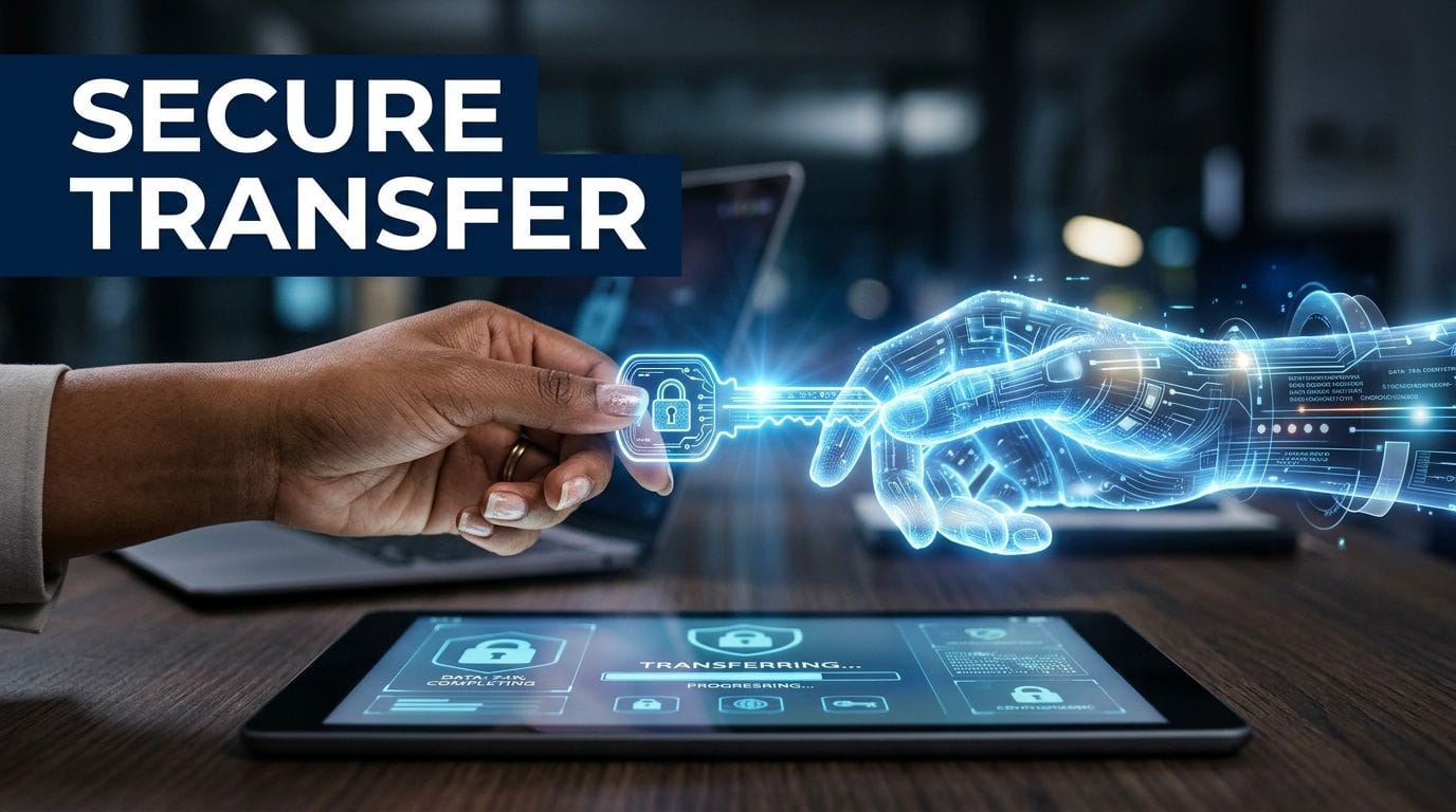 A human hand and a glowing digital robotic hand passing a glowing security key icon.