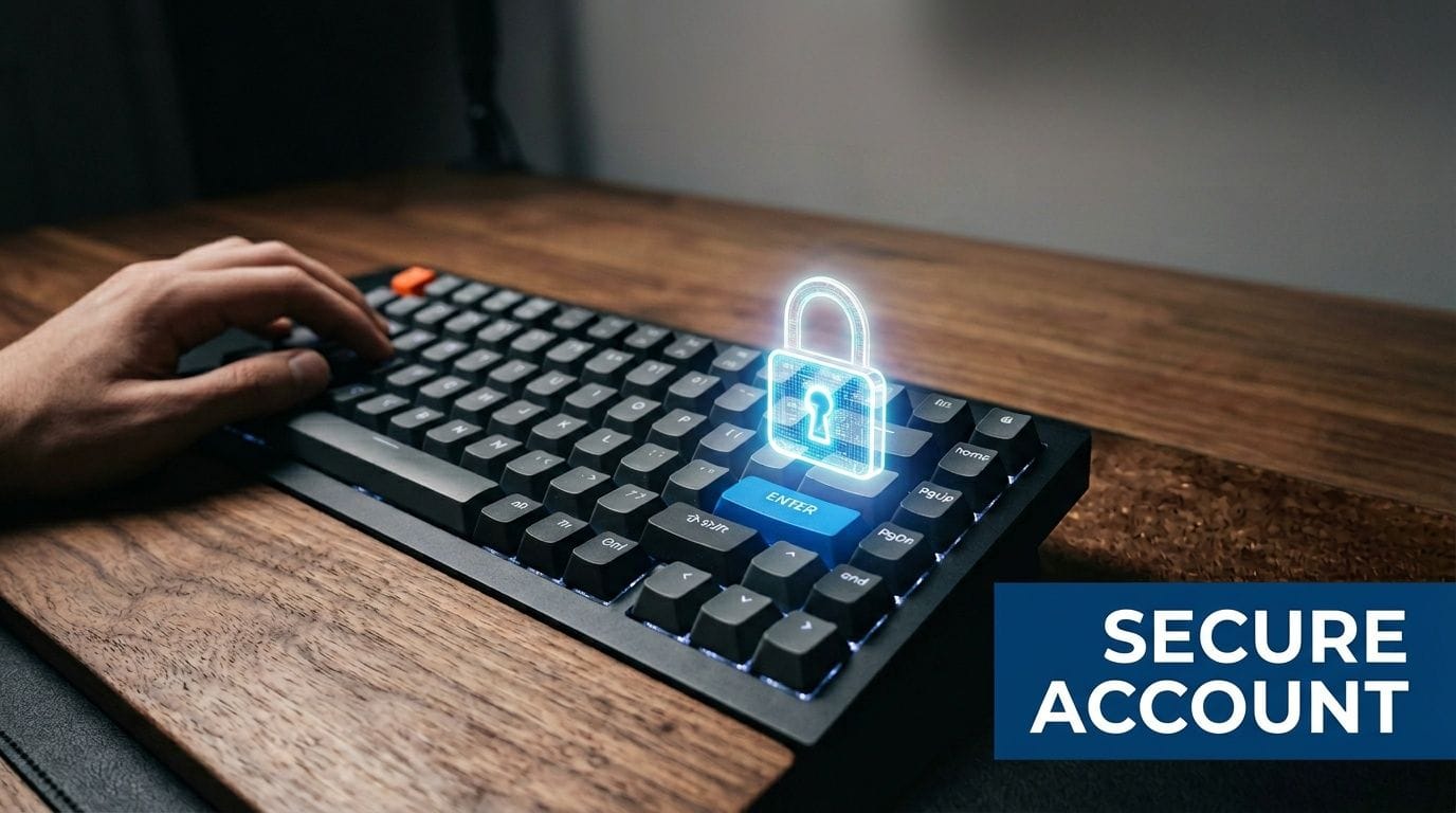 A hand rests on a mechanical keyboard with a glowing digital padlock icon above the Enter key.
