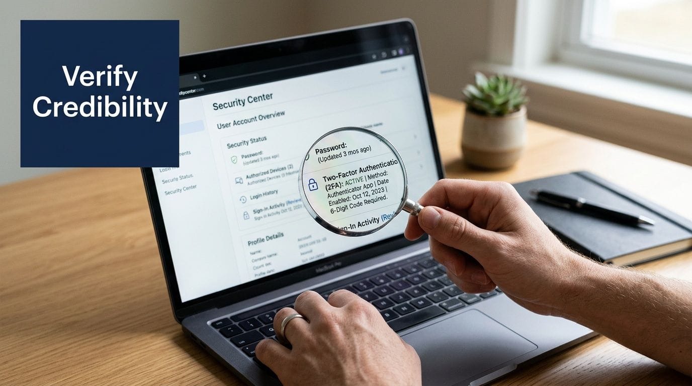 A person using a magnifying glass to check security settings on a laptop computer screen.
