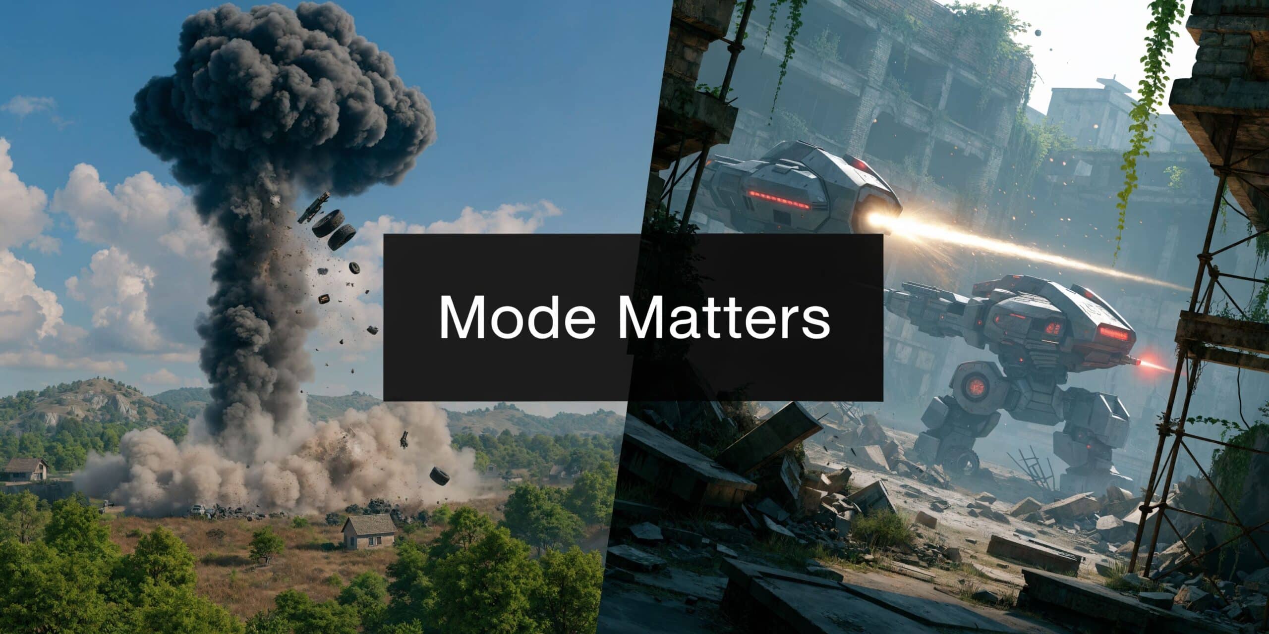 A split screen image showing an explosion in a grassy landscape and futuristic robots battling in ruins.