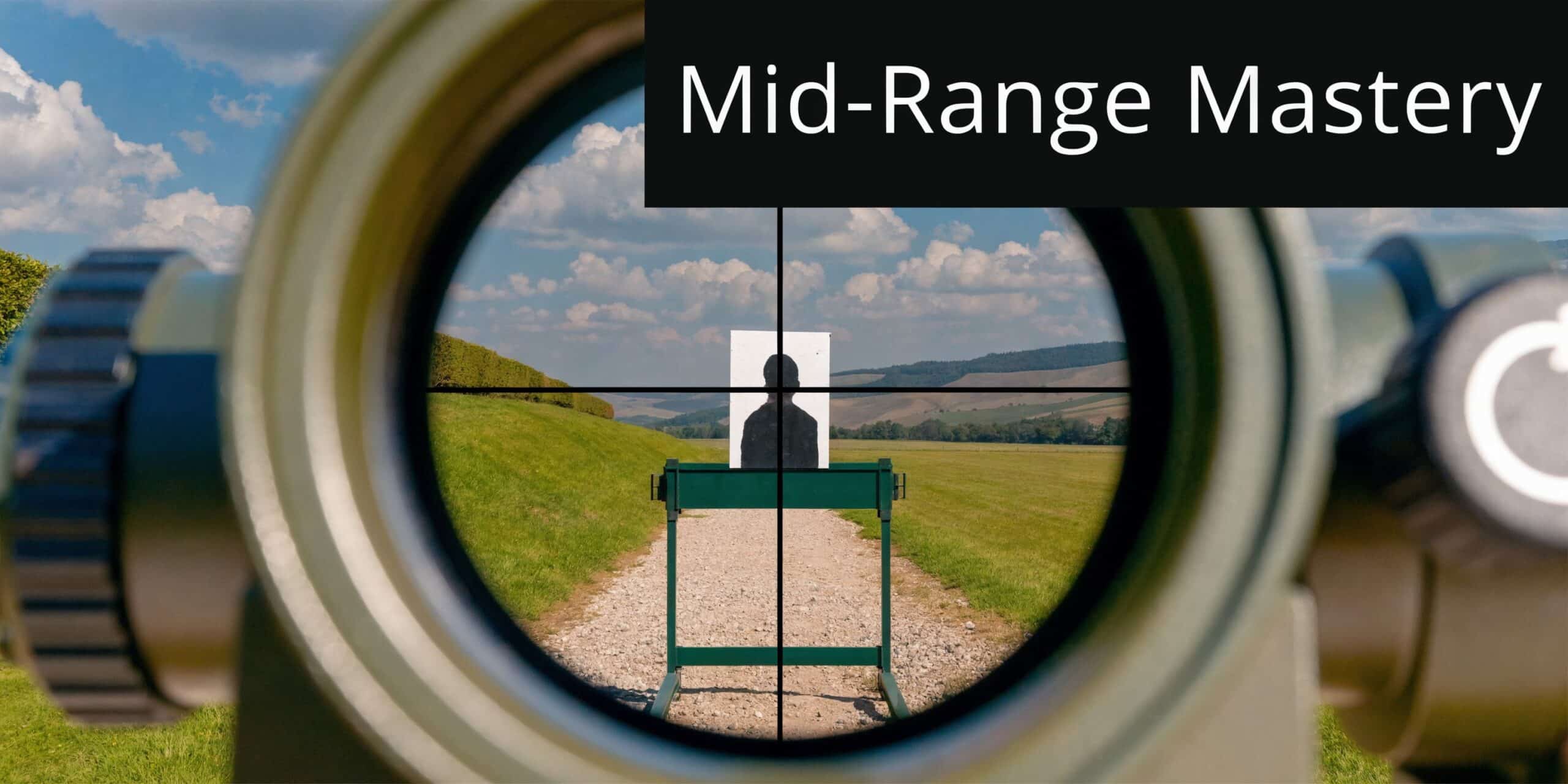 A view through a rifle scope aimed at a paper target on a dirt road in a field.