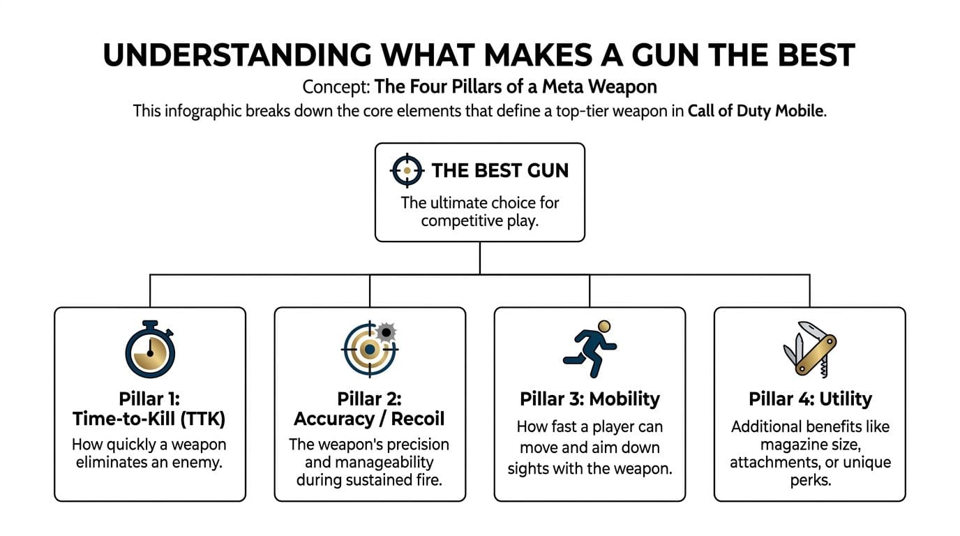An infographic titled The Four Pillars of a Meta Weapon explaining the criteria for Call of Duty Mobile guns.