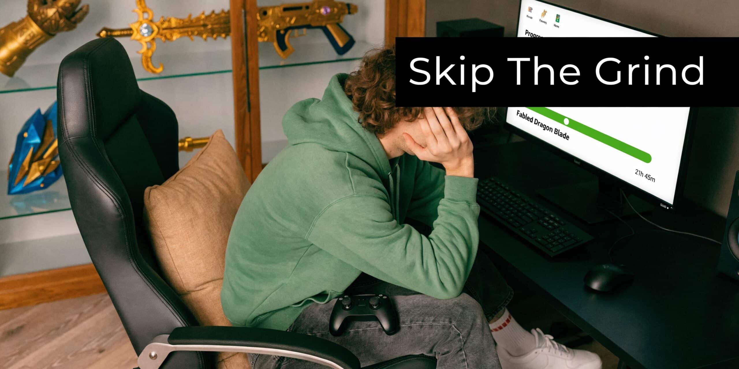 A young gamer sitting frustrated in a green hoodie while looking at a progress bar on screen.