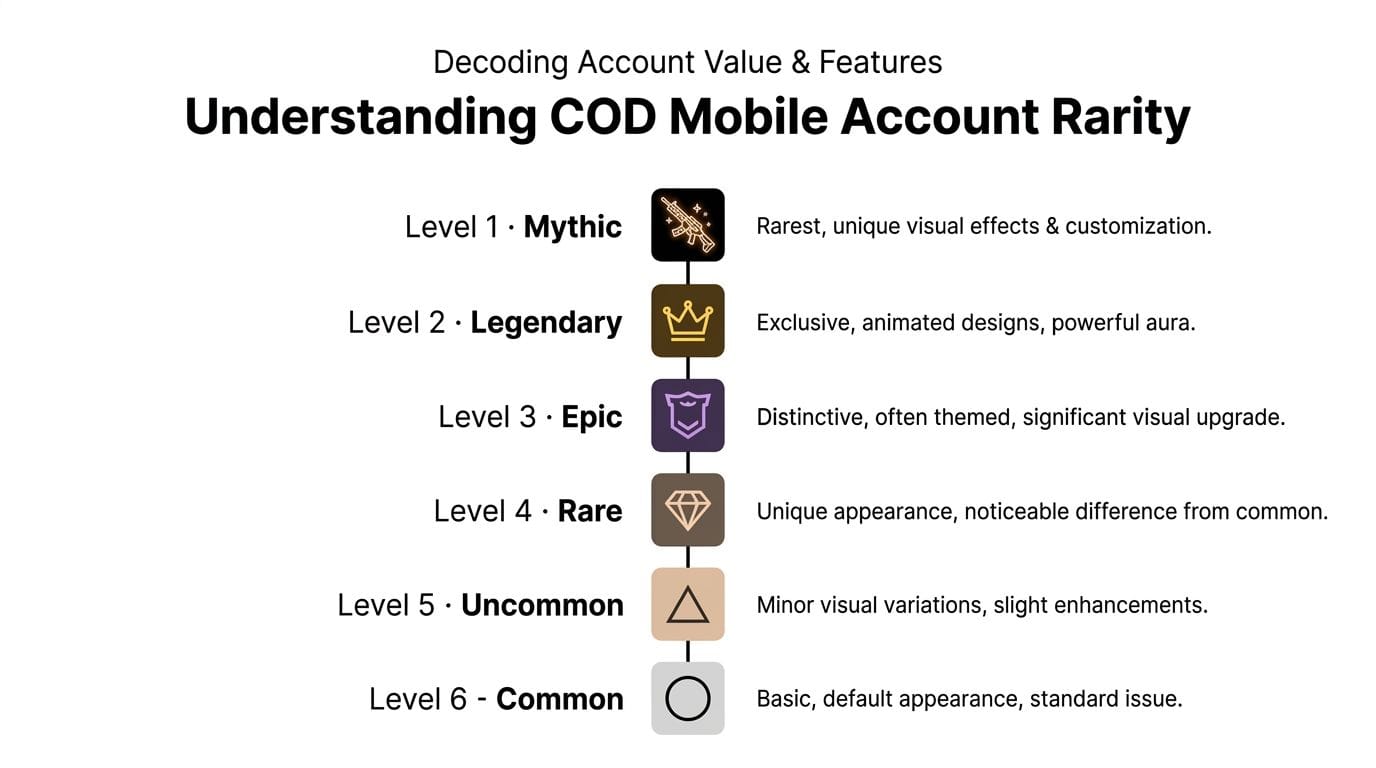 An infographic titled Understanding COD Mobile Account Rarity showing six tiers of account status from Mythic to Common.