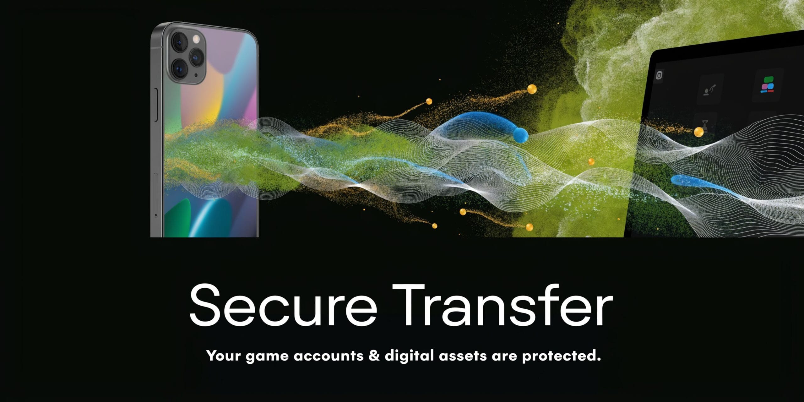 A digital graphic depicting the secure transfer of gaming accounts and assets between mobile devices and tablets.