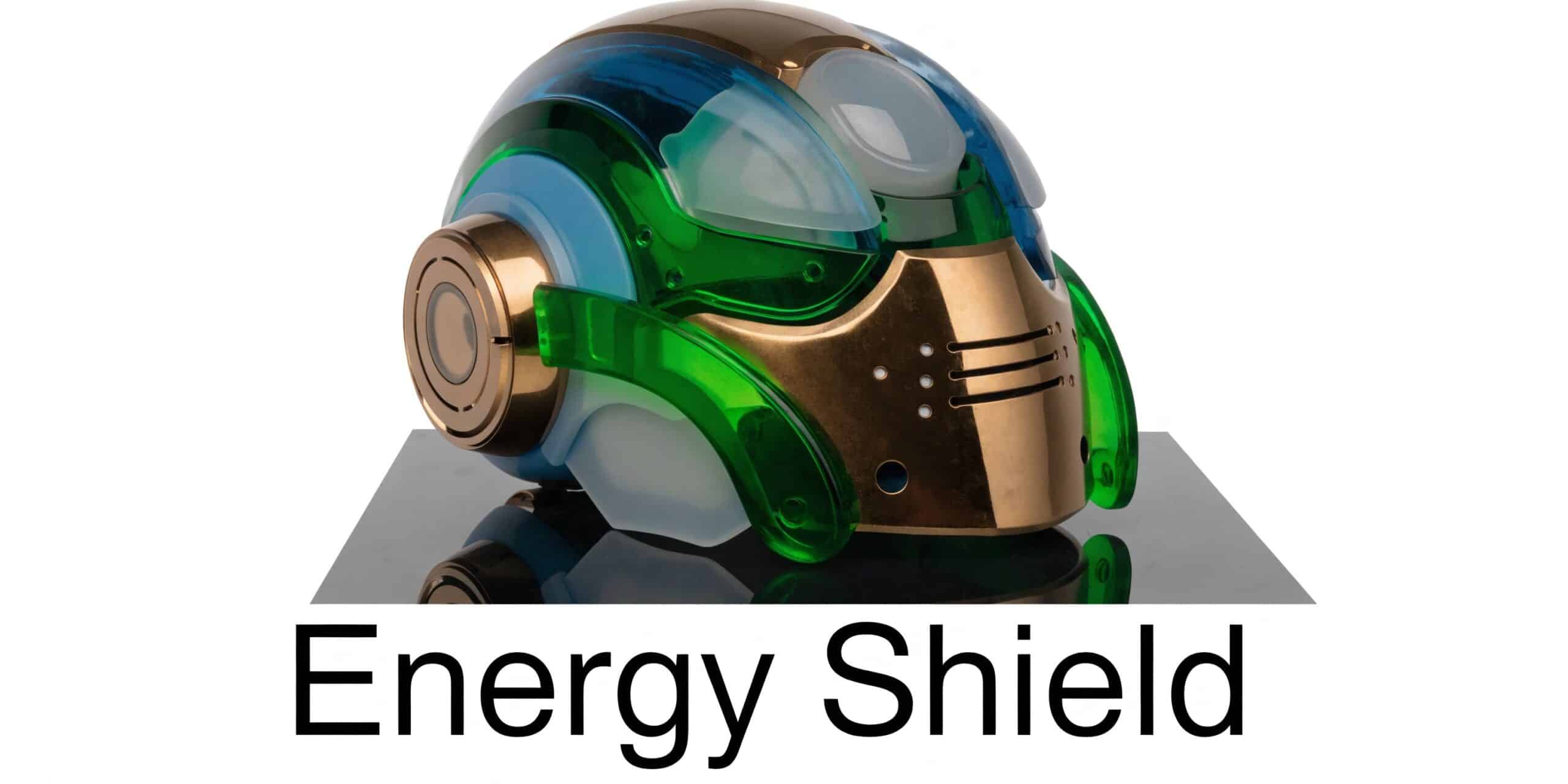A futuristic gaming helmet on a reflective surface with a golden faceplate and translucent green accents.