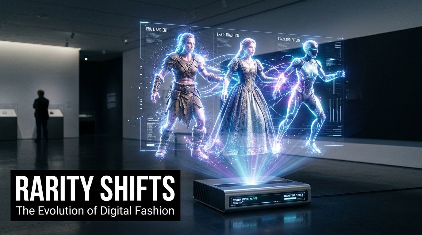 A digital exhibition hologram displaying the evolution of fashion from ancient warrior to future robot styles.