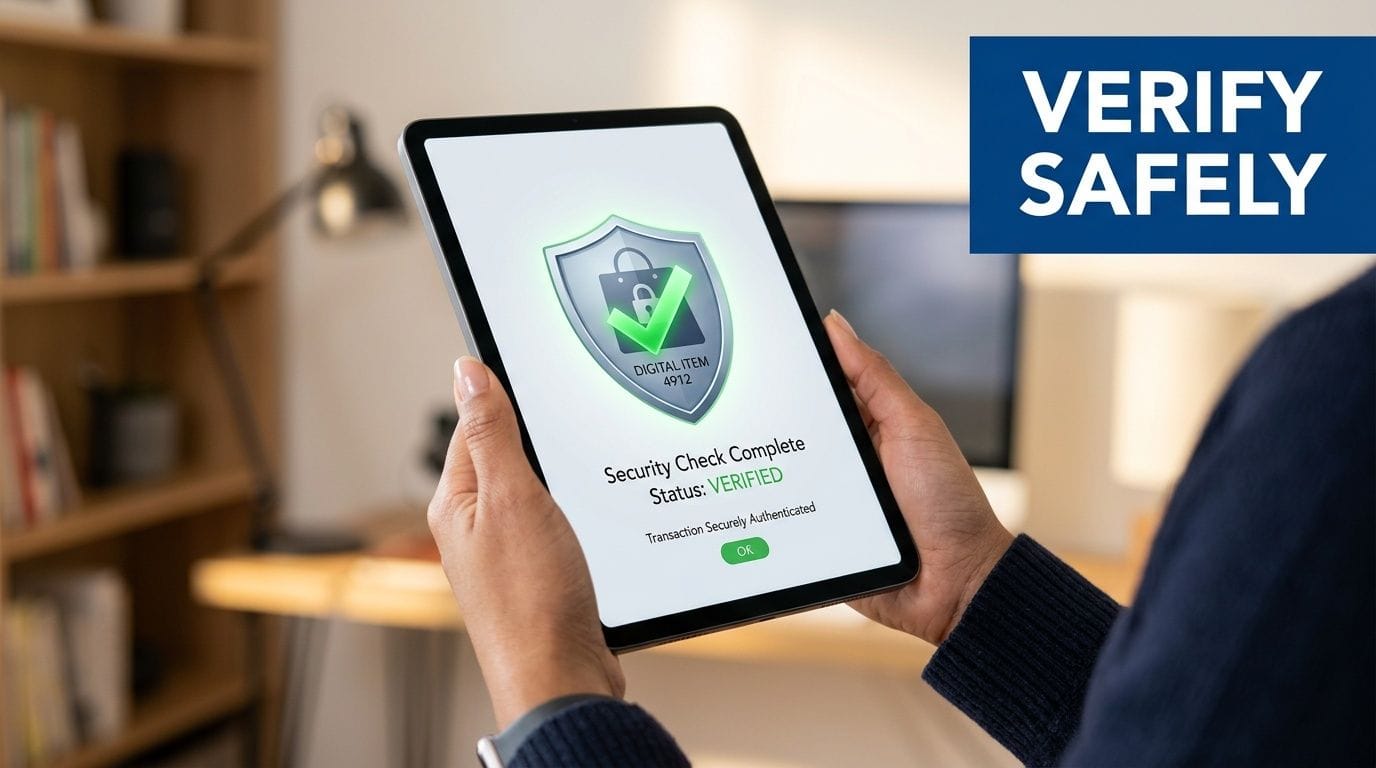 A person holding a tablet showing a secure digital transaction verification screen with a green checkmark.