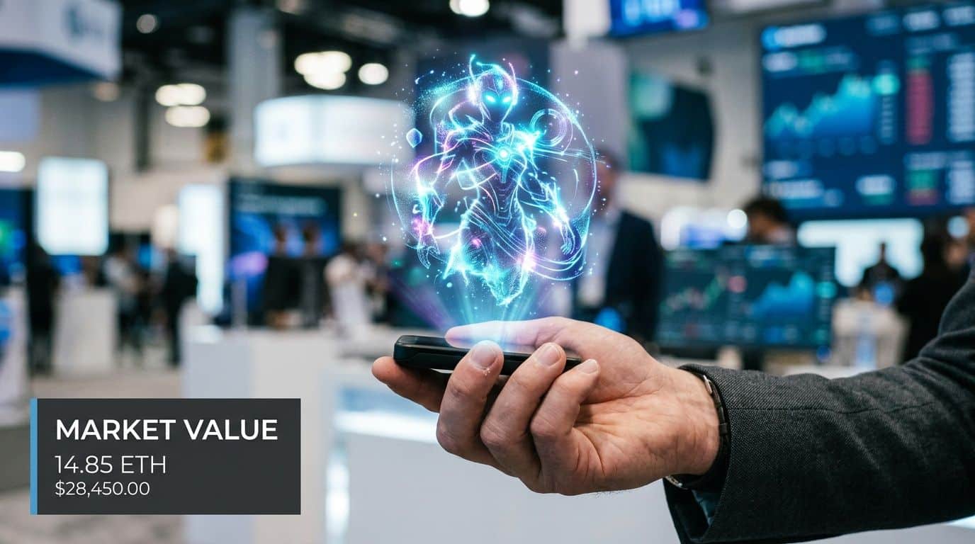 A hand holds a smartphone projecting a glowing, futuristic holographic digital character in a professional business setting.