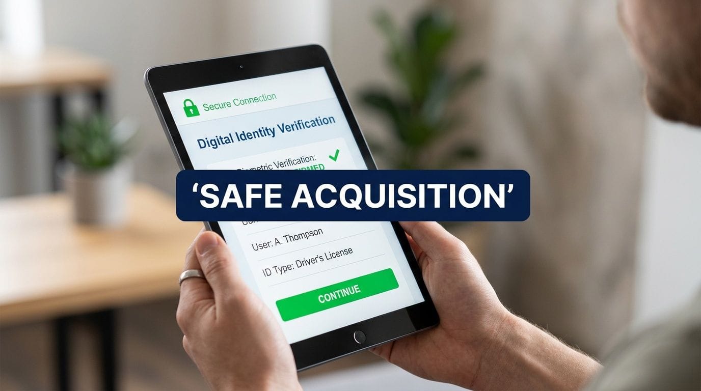 A person holding a tablet displaying a secure digital identity verification screen for safe document acquisition.