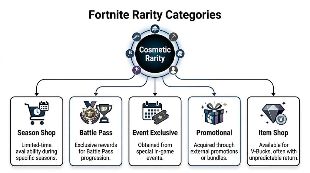 A diagram explaining Fortnite cosmetic rarity categories including Season Shop, Battle Pass, Event Exclusive, Promotional, and Item Shop.