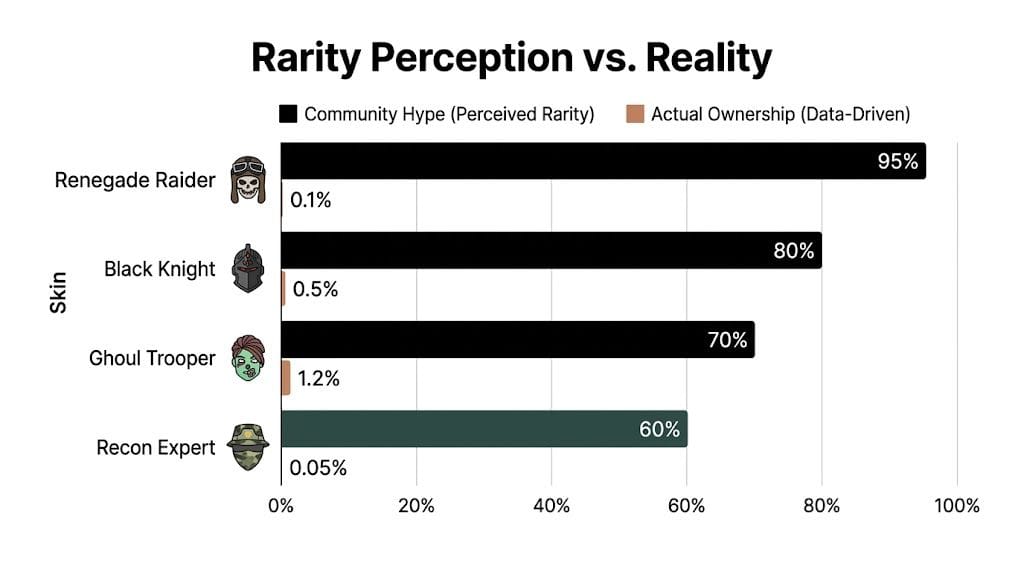 A horizontal bar chart comparing perceived community hype versus actual ownership data for four Fortnite character skins.