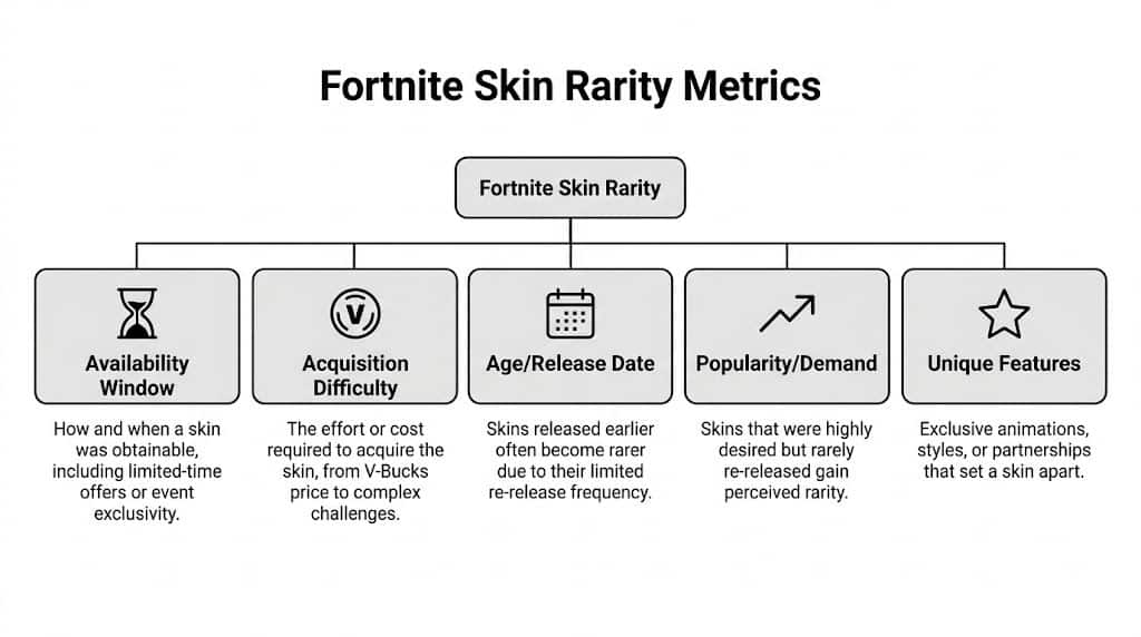 A diagram outlining five key metrics that determine the rarity of skins in the game Fortnite.